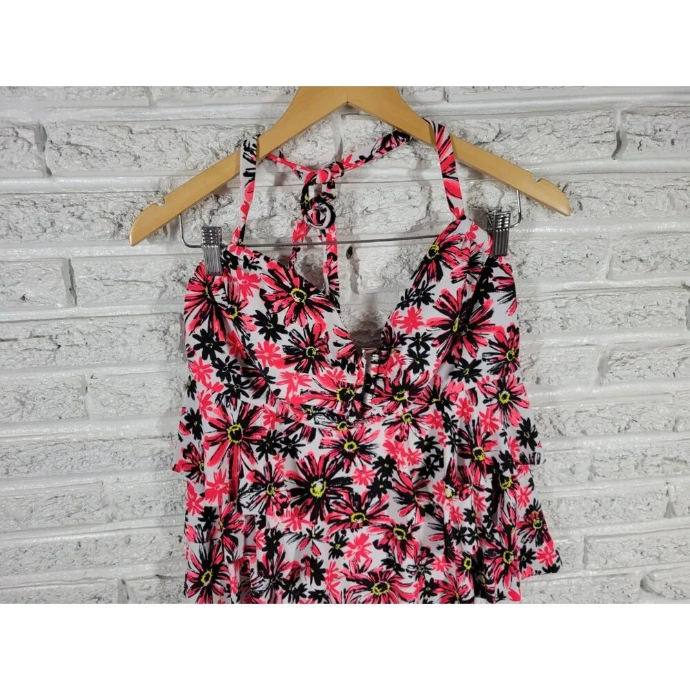 Catalina Womens Swim Top 1X Halter Tiered Pink Floral Built in Bra FLO174E